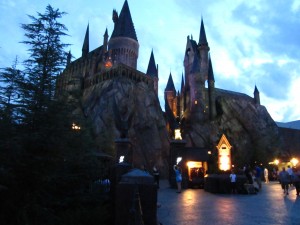 Hogwarts Castle in the evening and the gateway to the Forbidden Journey